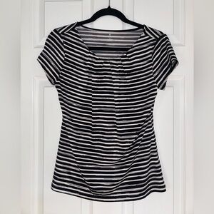 Worthington Petite Black & White Striped Short Sleeve Blouse (PS)
